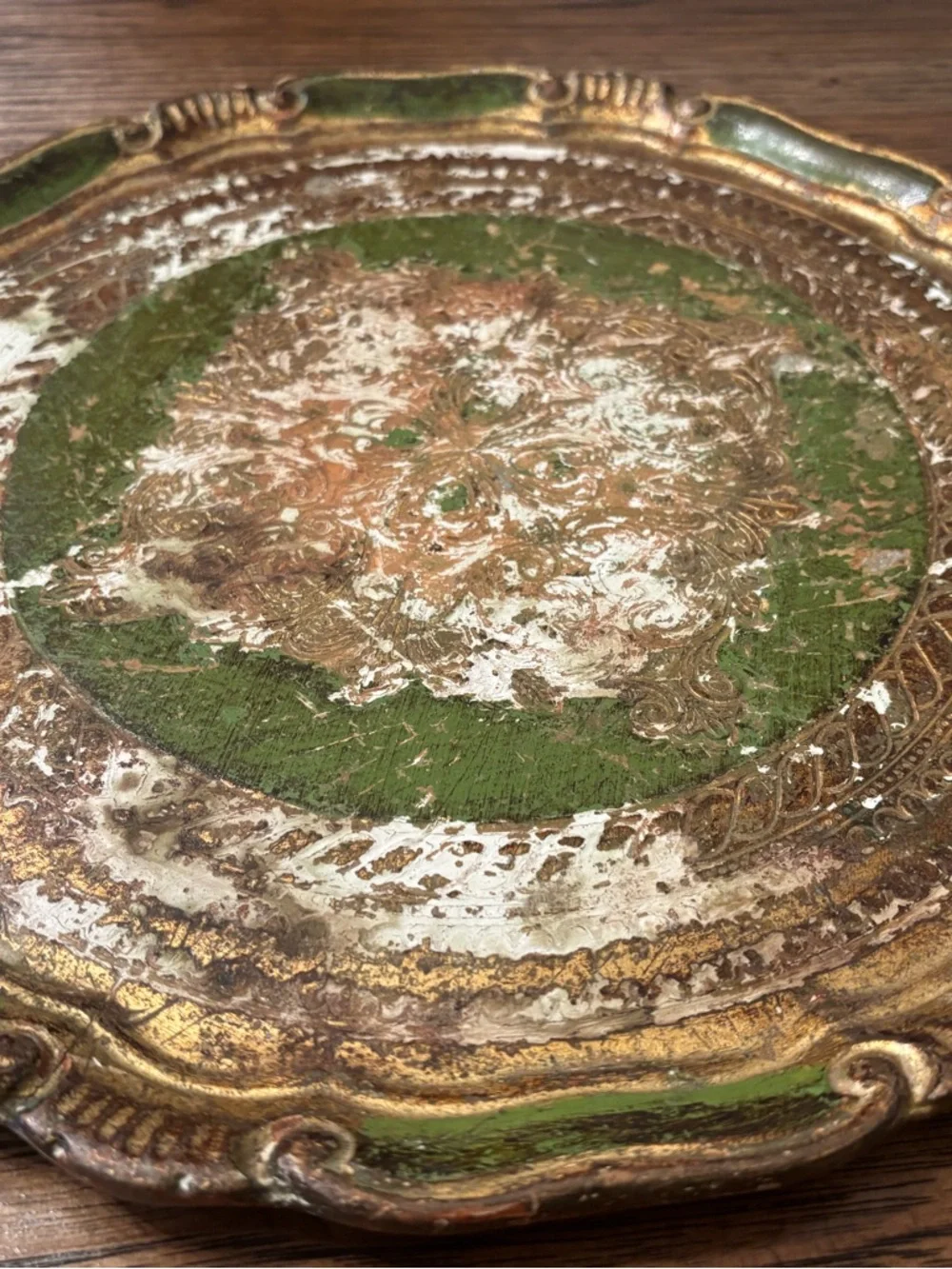 Vintage Italian Florentine Gilt Tray Green Gold Ornate Rococo Tole Style 13”